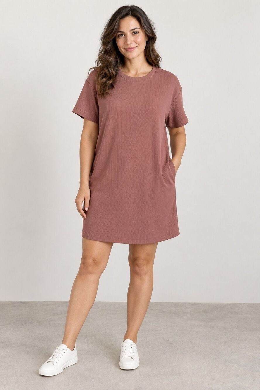 Member’s Mark Women’s XL Savannah Rib Tee Dress Dusty Rose Short Sleeve Pockets